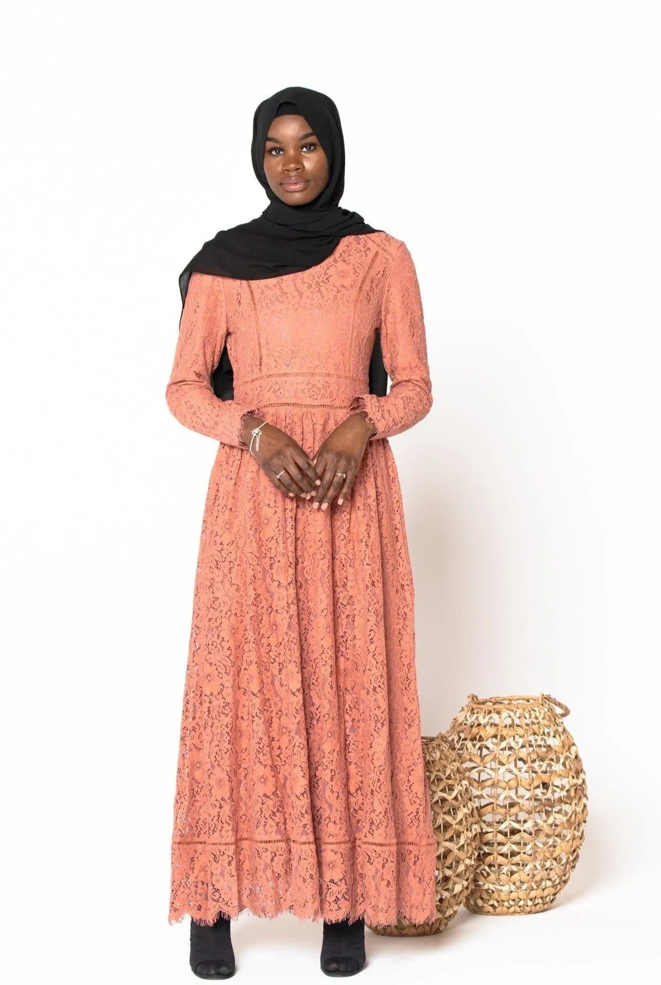 Peach Zahra Lace Long Sleeve Maxi Gown