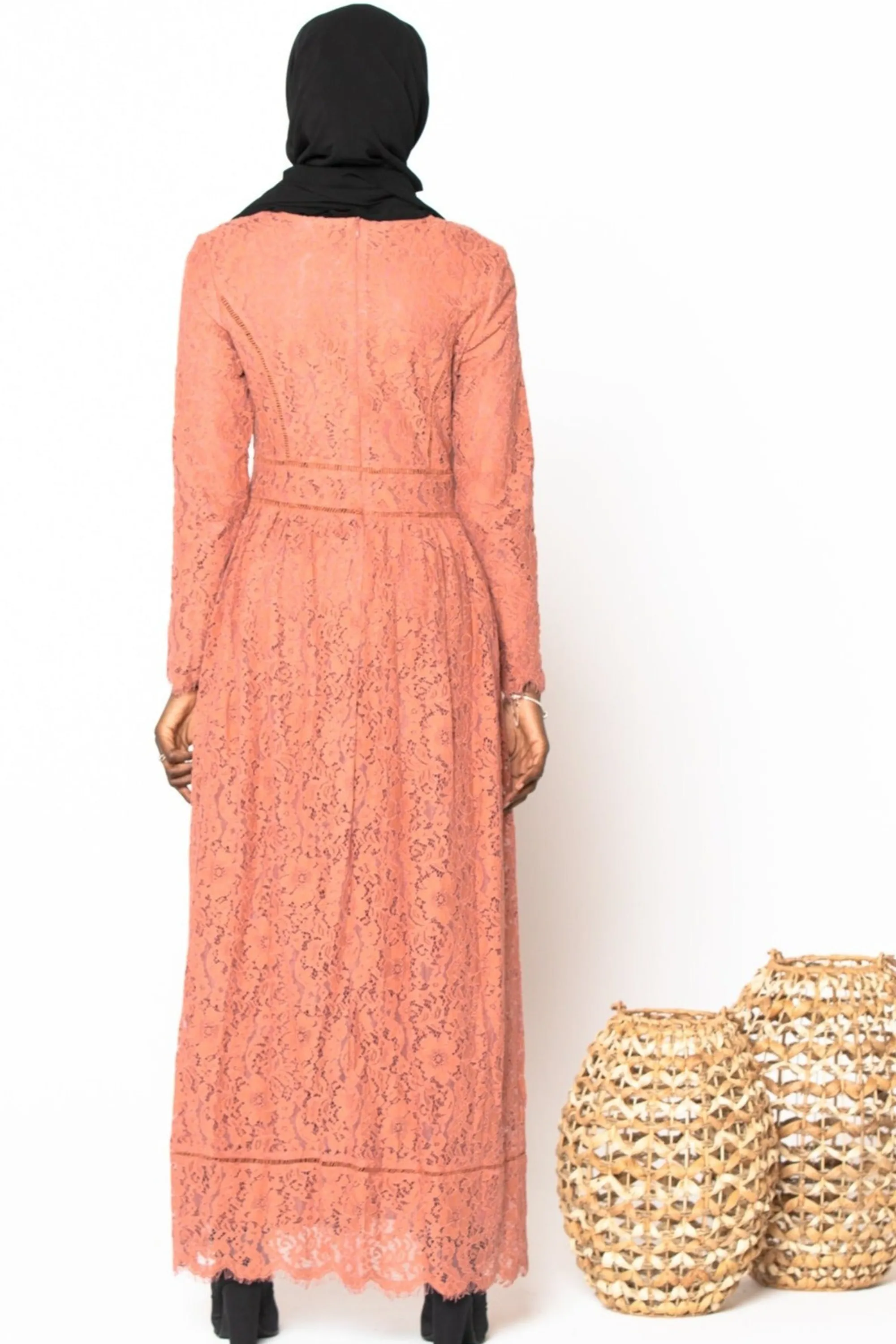 Peach Zahra Lace Long Sleeve Maxi Gown