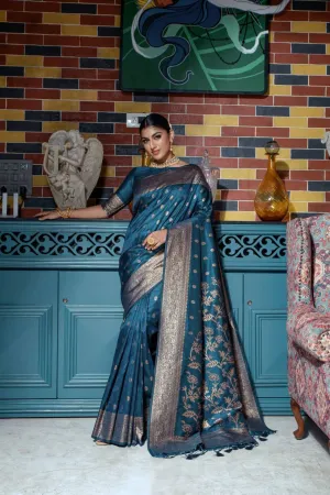 Peacock Blue Banarasi Raw Silk Saree