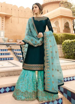 Peacock Blue Embroidered Pakistani Gharara Suit