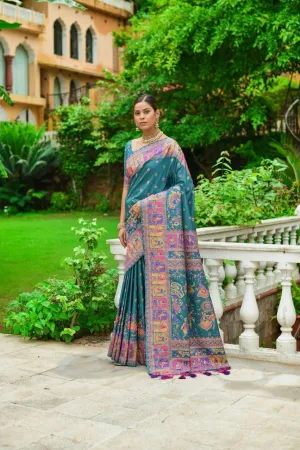 Peacock Blue Kashmiri Pashmina Silk  Saree