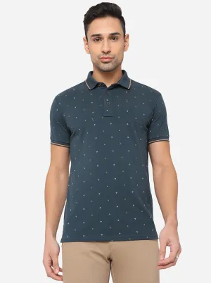 Peacock Blue Printed Slim Fit Polo T-Shirt | JadeBlue