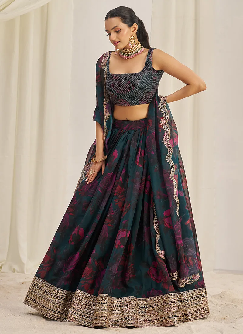 Peacock Green Floral Printed Embroidery Lehenga Choli