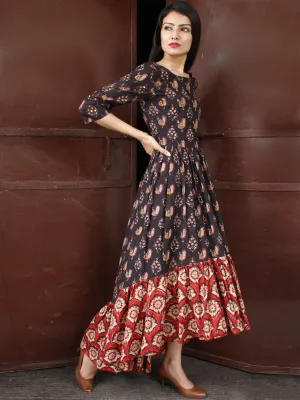 Peacock Motif - Hand Block Printed Long Sequence Embroidered Dress - D274F1810