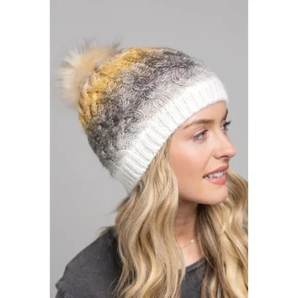 Peanut Butter (Yellow) Tri Colored Cable Knit Beanie Fall Winter Hat w/ Faux Pom