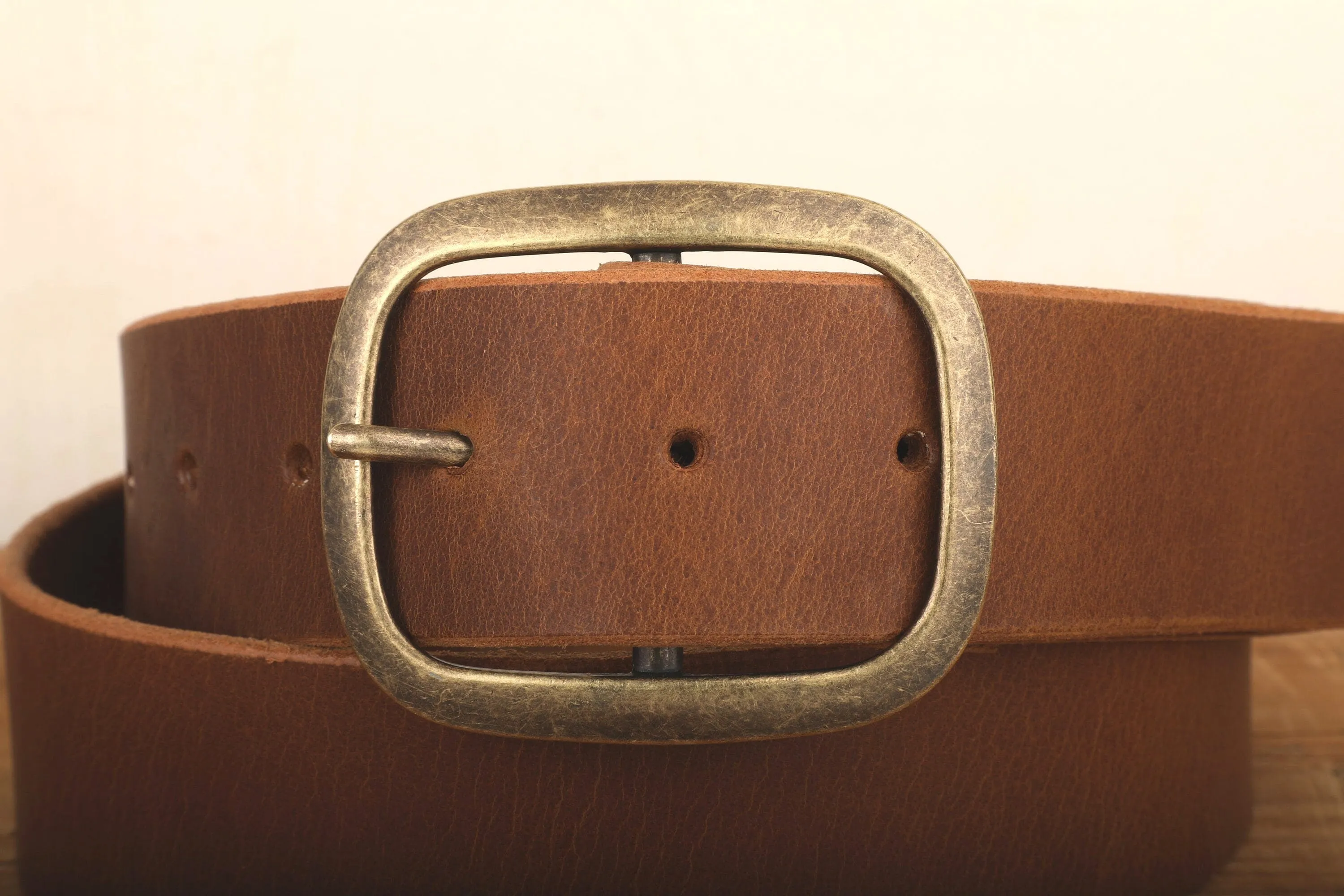 Peanut Dark Brown Leather Belt with Antique Brass Buckle