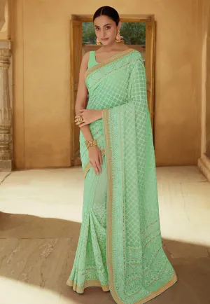 Pear Green Chikankari Embroidered Party Wear Saree