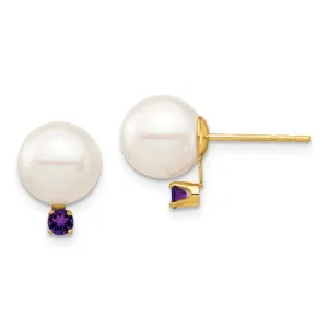 Pearl and Natural Amethyst 14k Gold Post Earrings