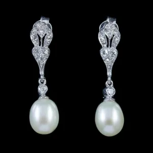 Pearl Diamond Drop Earrings 18Ct White Gold Studs