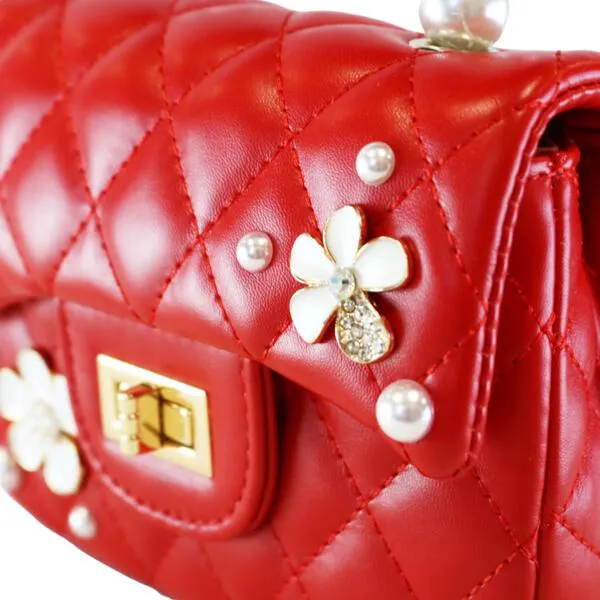 Pearl Handle Quilted Leather Purse w/ Charms - Red