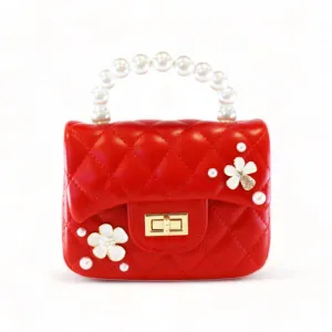 Pearl Handle Quilted Leather Purse w/ Charms - Red