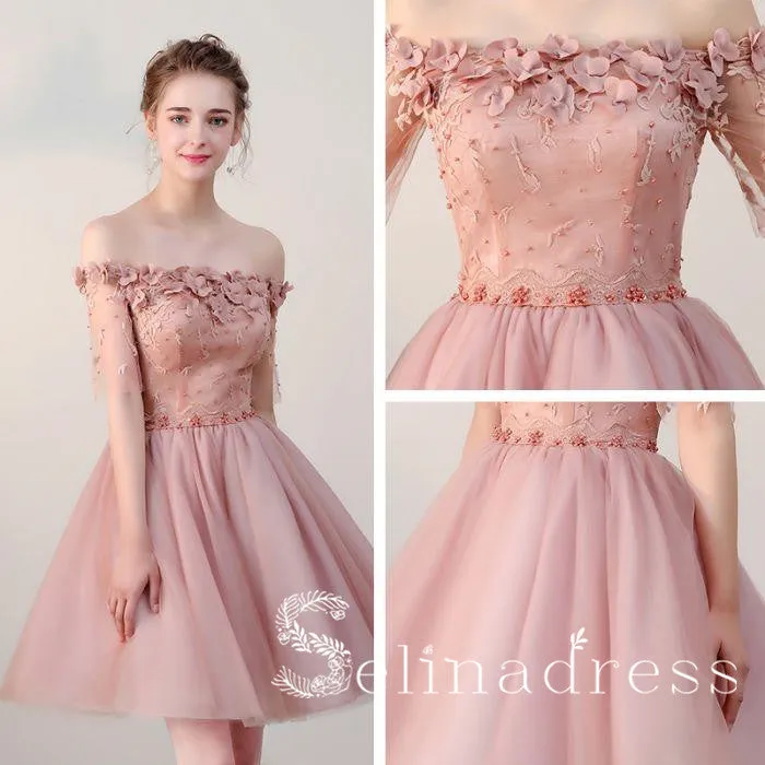 Pearl Pink Pretty Homecoming Dresses Off-the-shoulder Tulle Cheap Short Prom Dress HML001