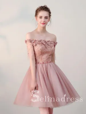 Pearl Pink Pretty Homecoming Dresses Off-the-shoulder Tulle Cheap Short Prom Dress HML001