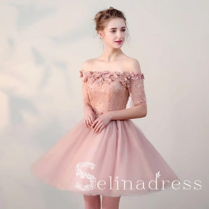 Pearl Pink Pretty Homecoming Dresses Off-the-shoulder Tulle Cheap Short Prom Dress HML001