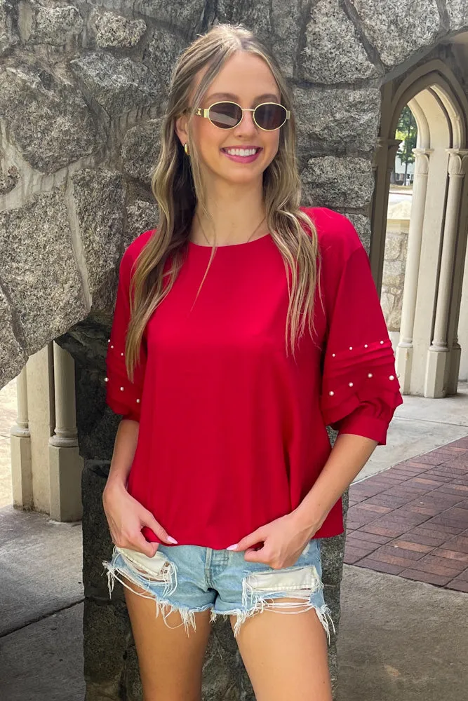 Pearl Sleeve Trimmed Top-Red