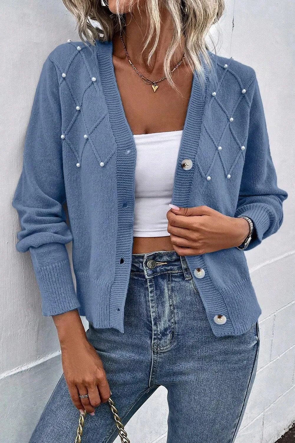 Pearl Trim Button Up Cardigan