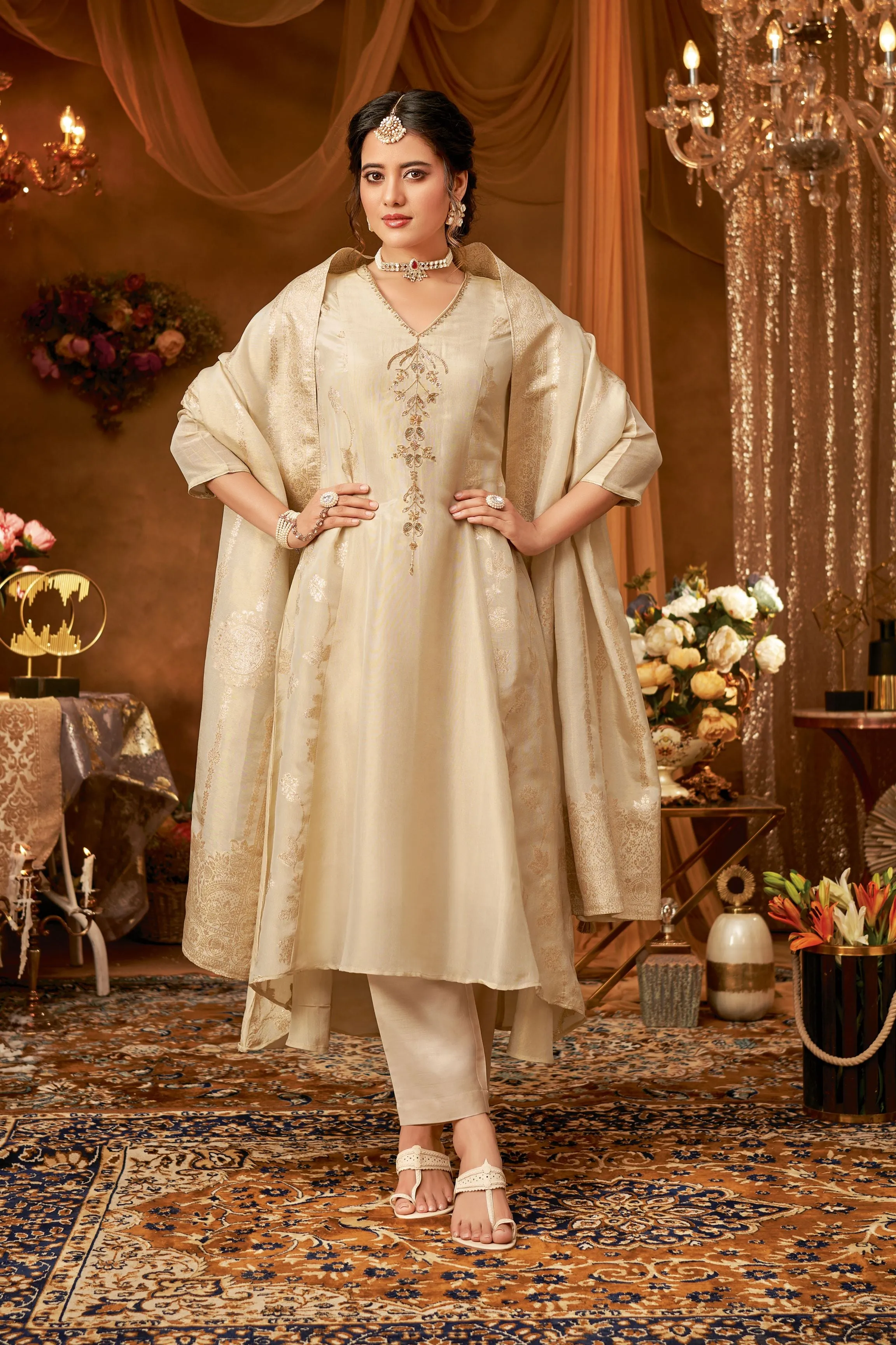 Pearl White Embellished Glass Tissue Organza Kurta Pants Set