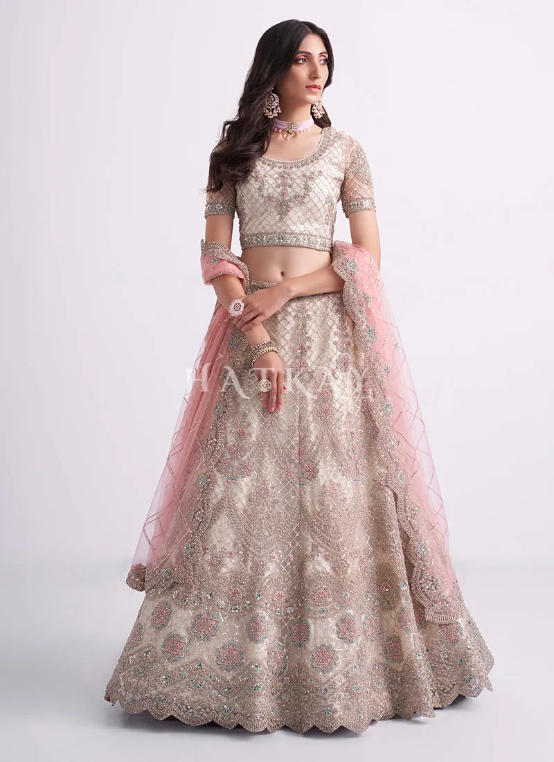 Pearl White Heavy Embroidered Designer Wedding Lehenga Choli