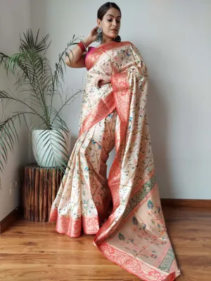 Pearl White Saree with Floral Print Paithani Silk