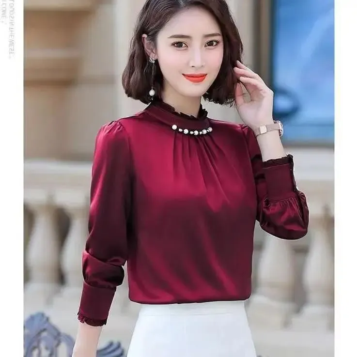 Pearls Long Sleeve Elegant Satin Blouse