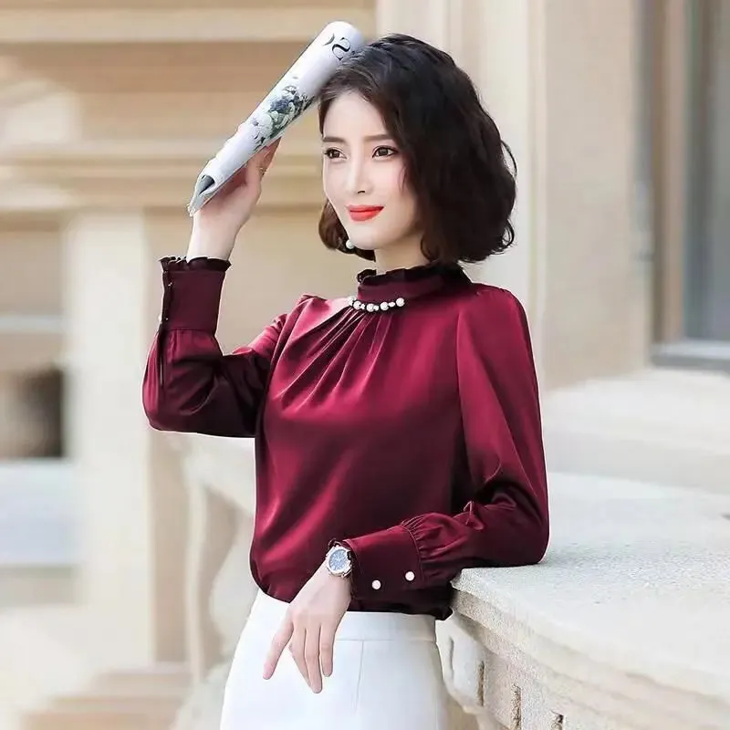 Pearls Long Sleeve Elegant Satin Blouse