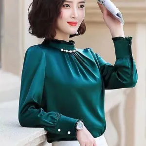 Pearls Long Sleeve Elegant Satin Blouse