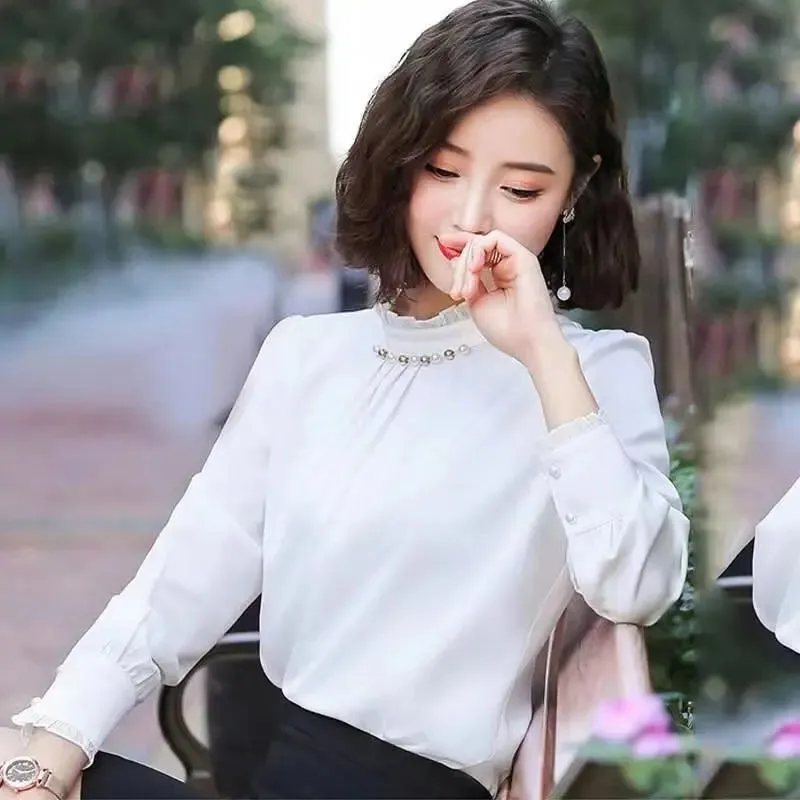 Pearls Long Sleeve Elegant Satin Blouse