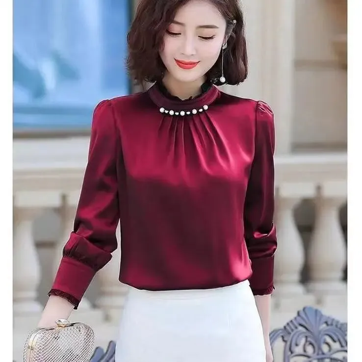 Pearls Long Sleeve Elegant Satin Blouse