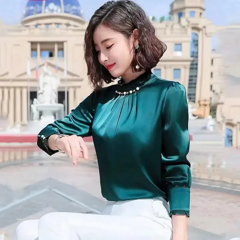 Pearls Long Sleeve Elegant Satin Blouse