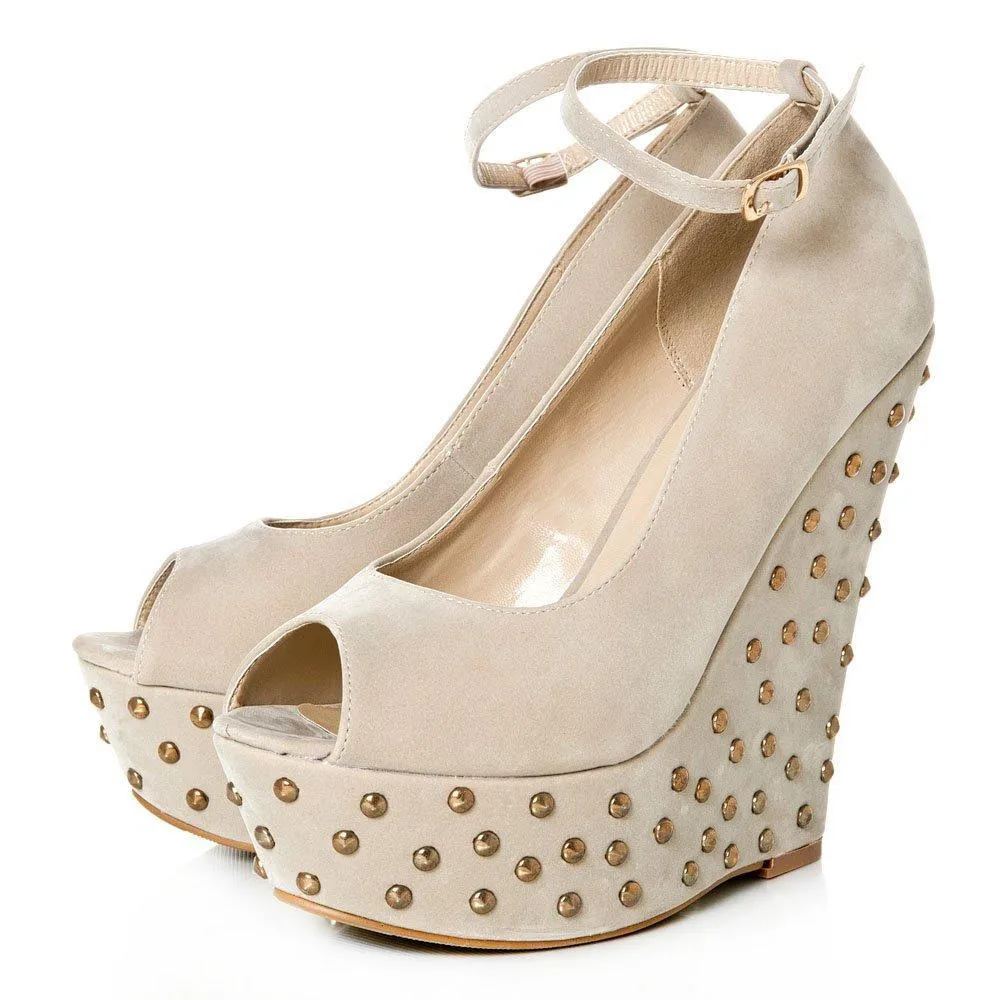 Peep Toe Platform Wedge High Heeled Studded Court Shoe