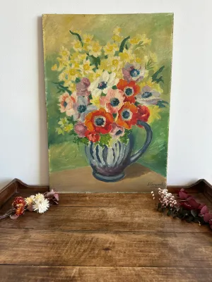 Peinture sur planche bouquet de fleurs dans vase sur fond vert XL