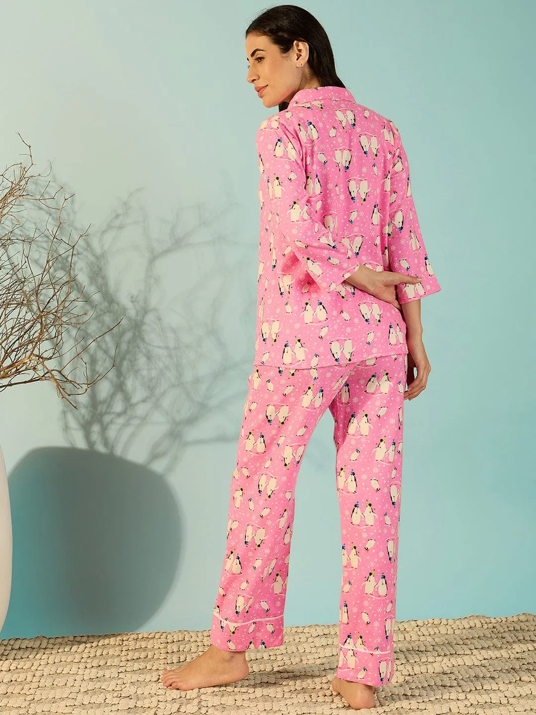 Penguin Pink Flannel Soft Night Suit Set For Women