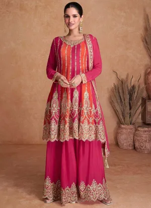 Peplum Chinon Wedding Suit with Embroidered Sharara & Double Shade Dupatta