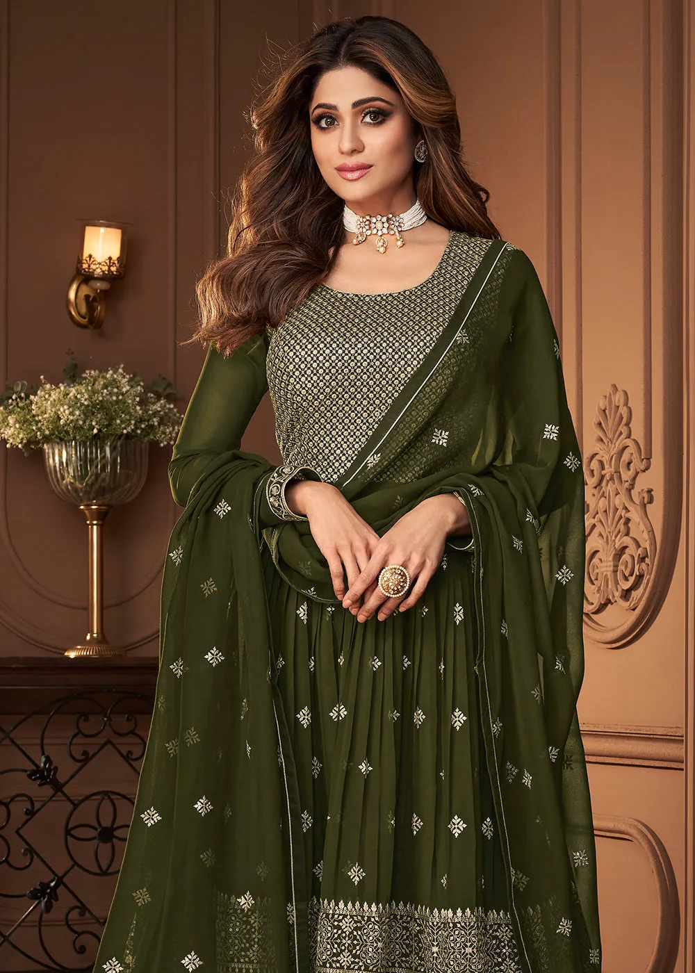 Peplum Designed Green Embroidered Sharara Suit