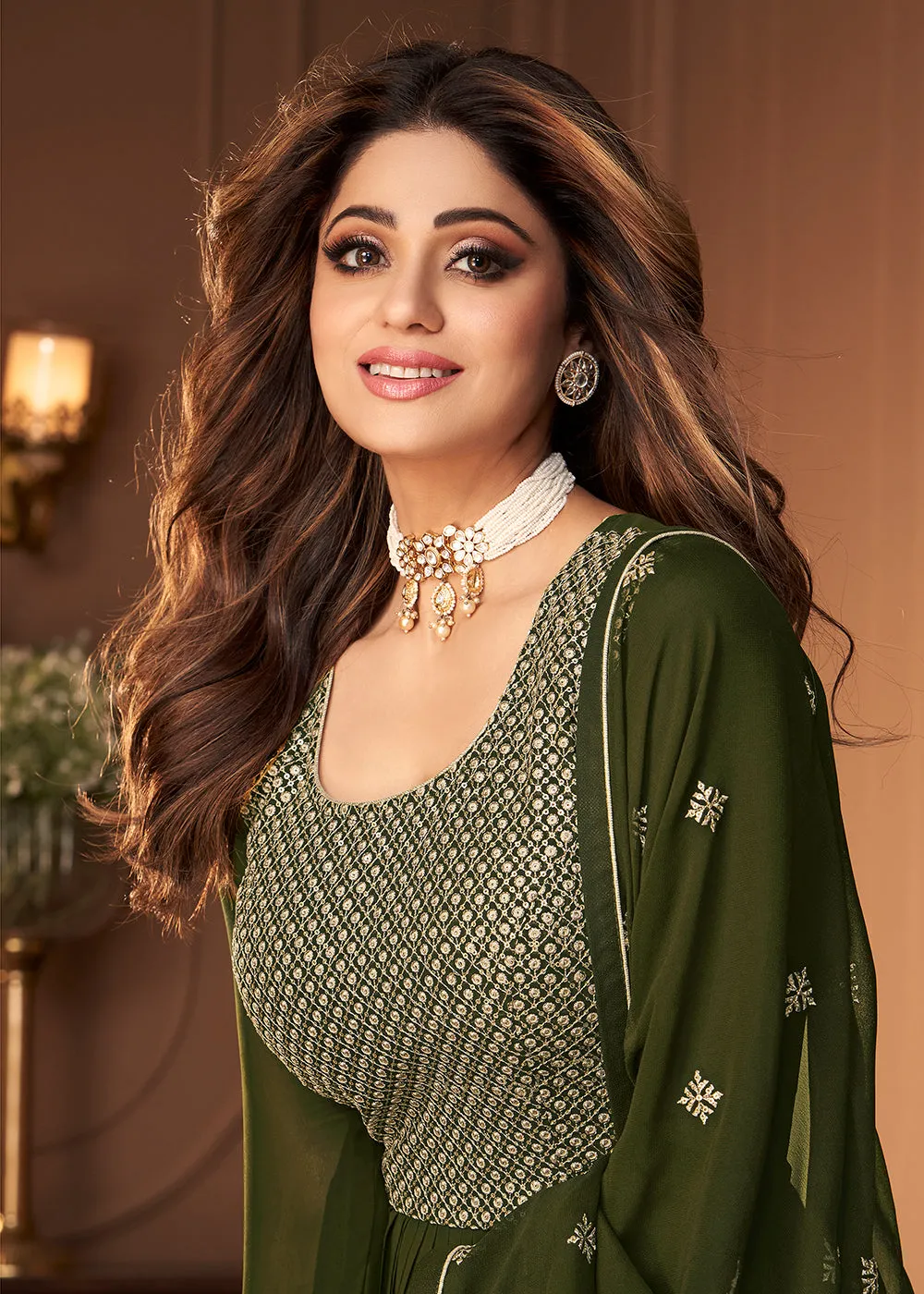 Peplum Designed Green Embroidered Sharara Suit