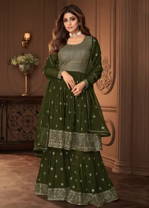 Peplum Designed Green Embroidered Sharara Suit