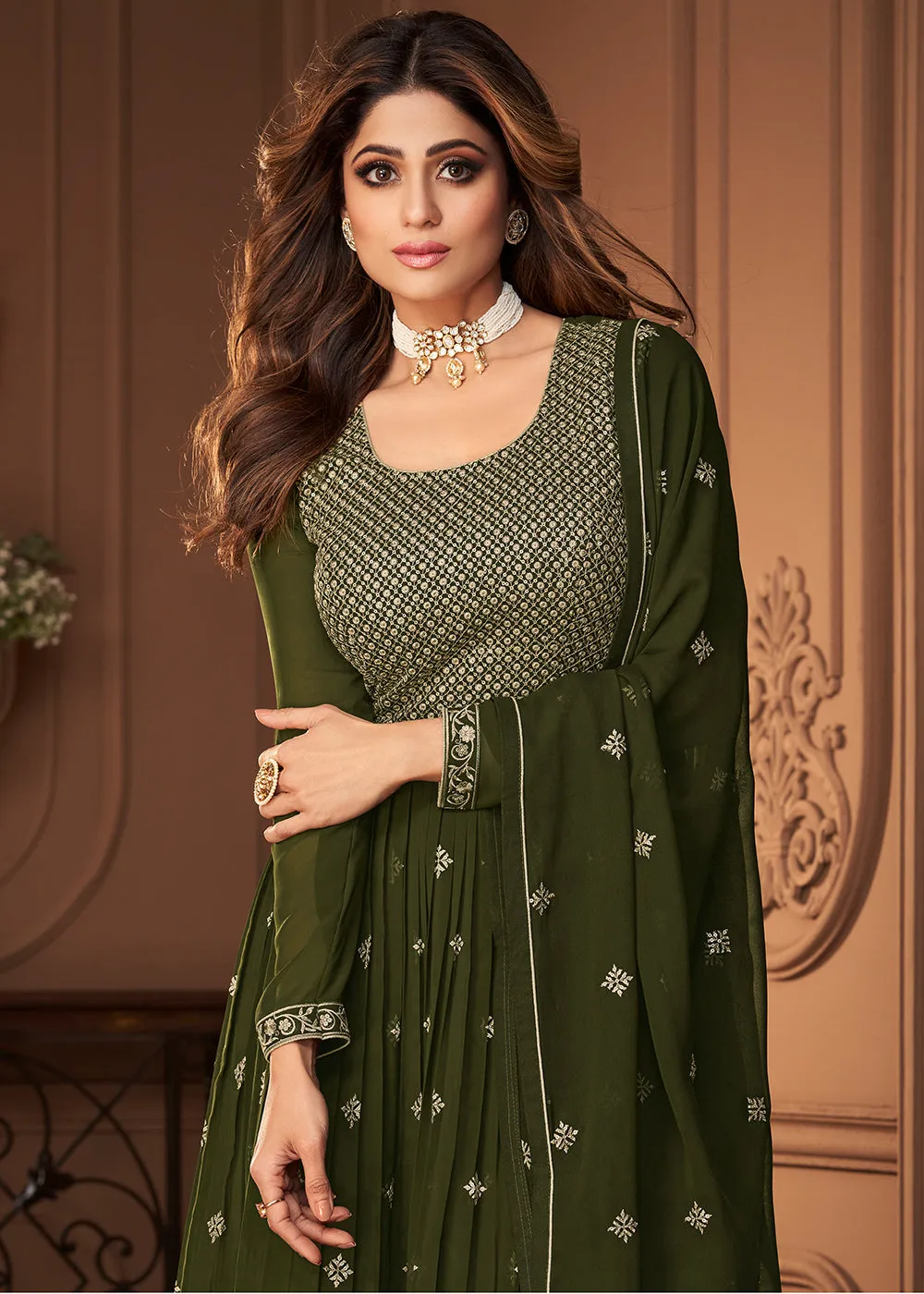 Peplum Designed Green Embroidered Sharara Suit