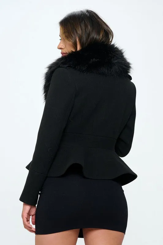 Peplum Jacket With Faux Fur Collar - Size S