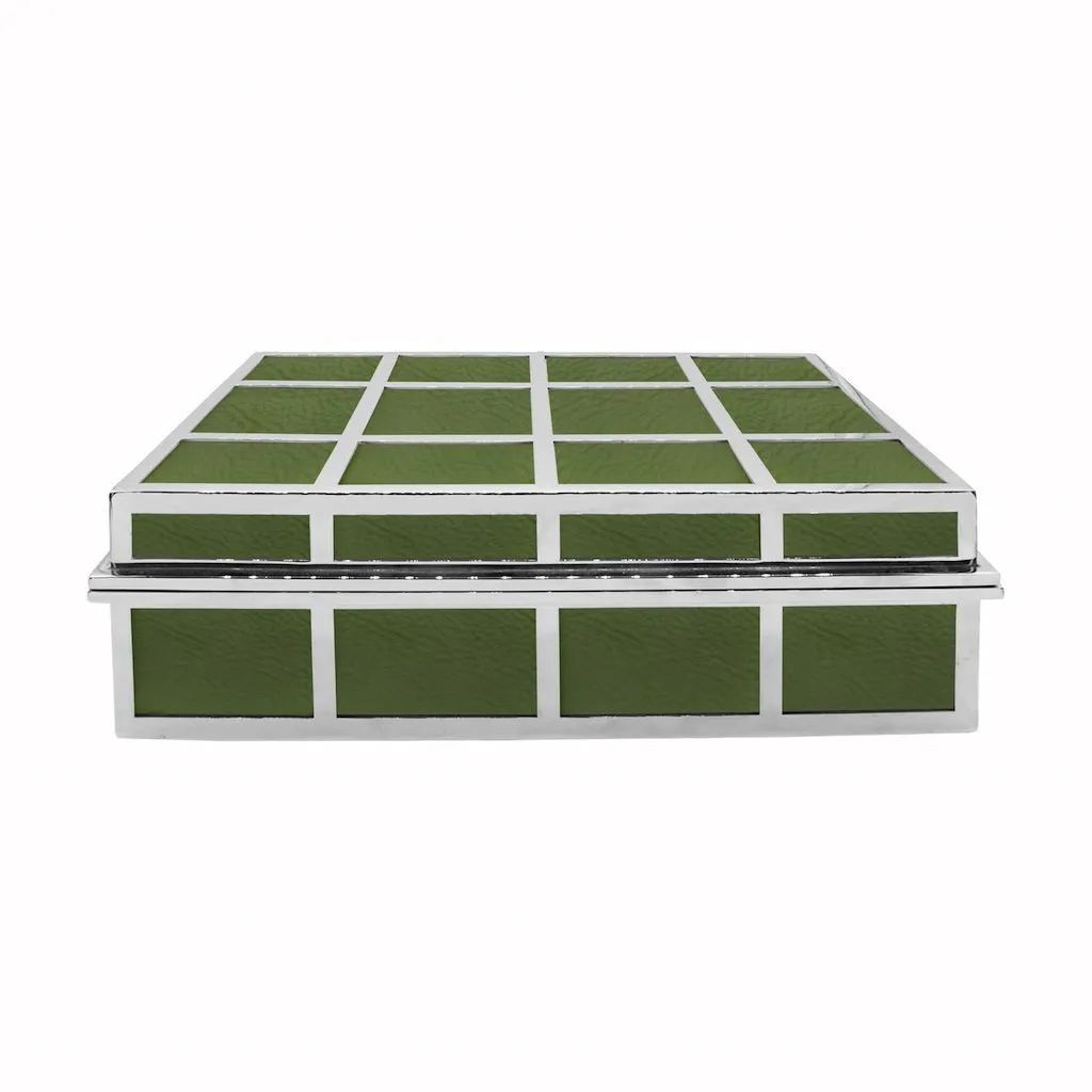 Percy Olive Green Leather Box with Nickel Grid Detail