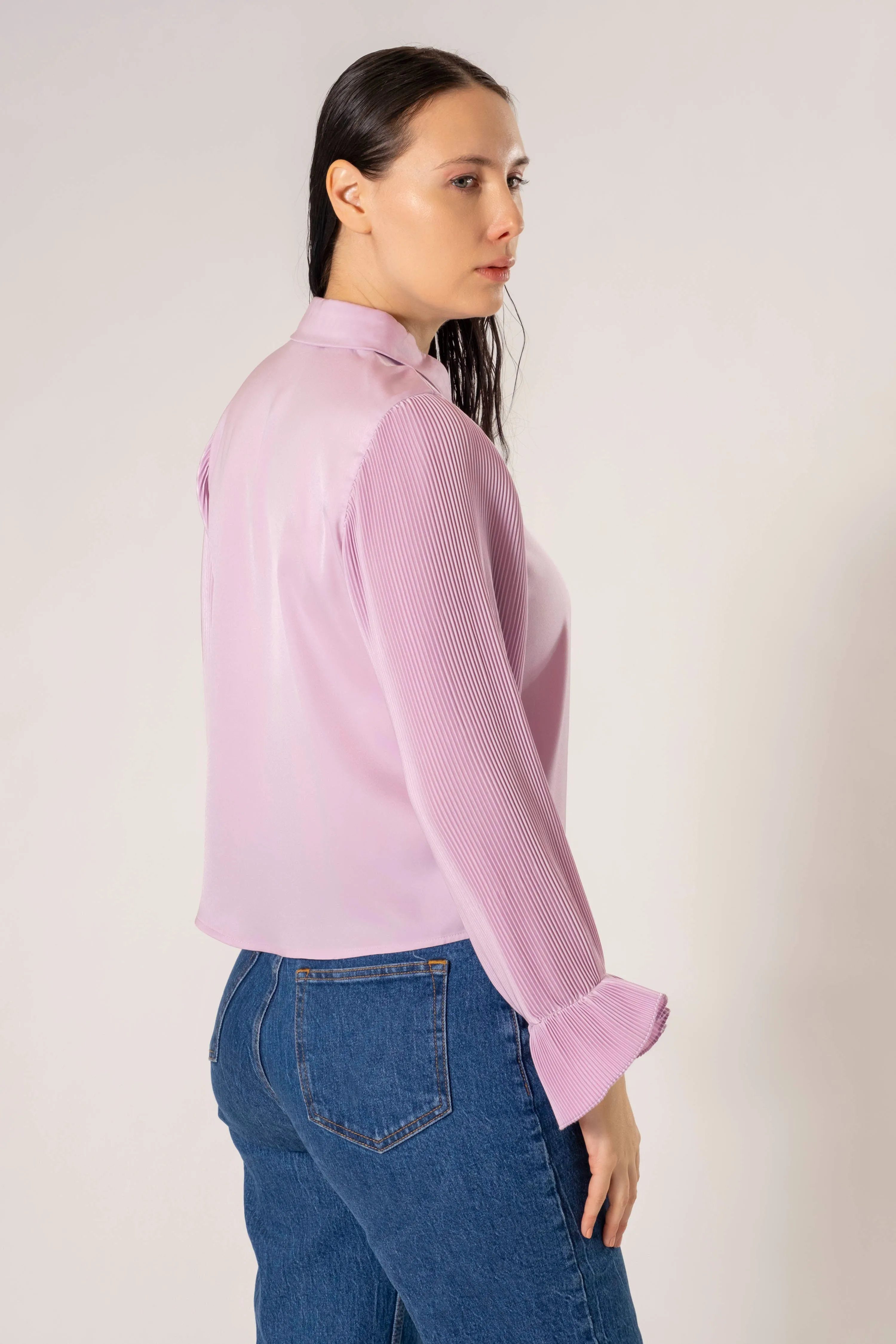 Peri Satin Pleated Ruffle Button Up Blouse