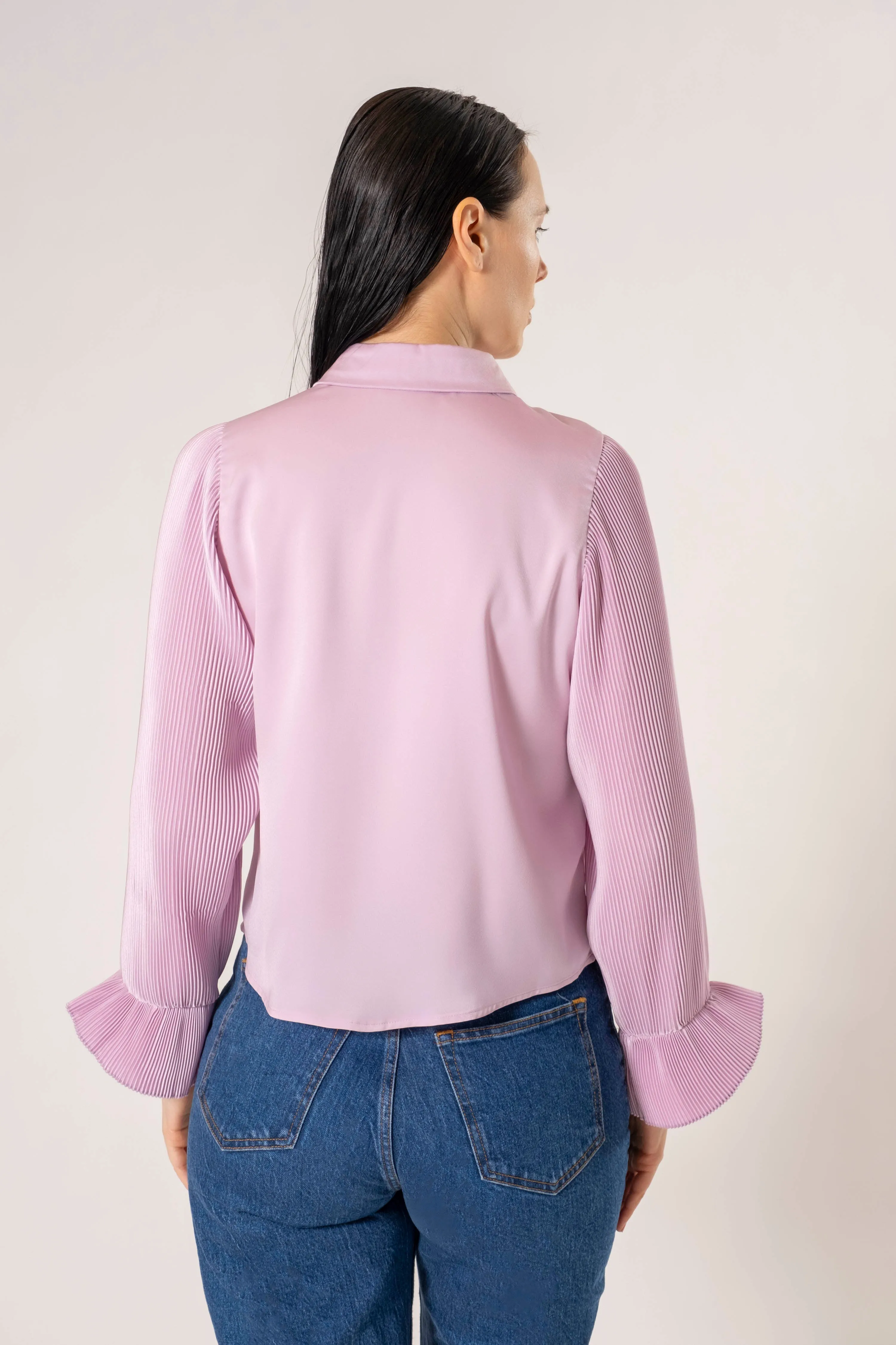 Peri Satin Pleated Ruffle Button Up Blouse