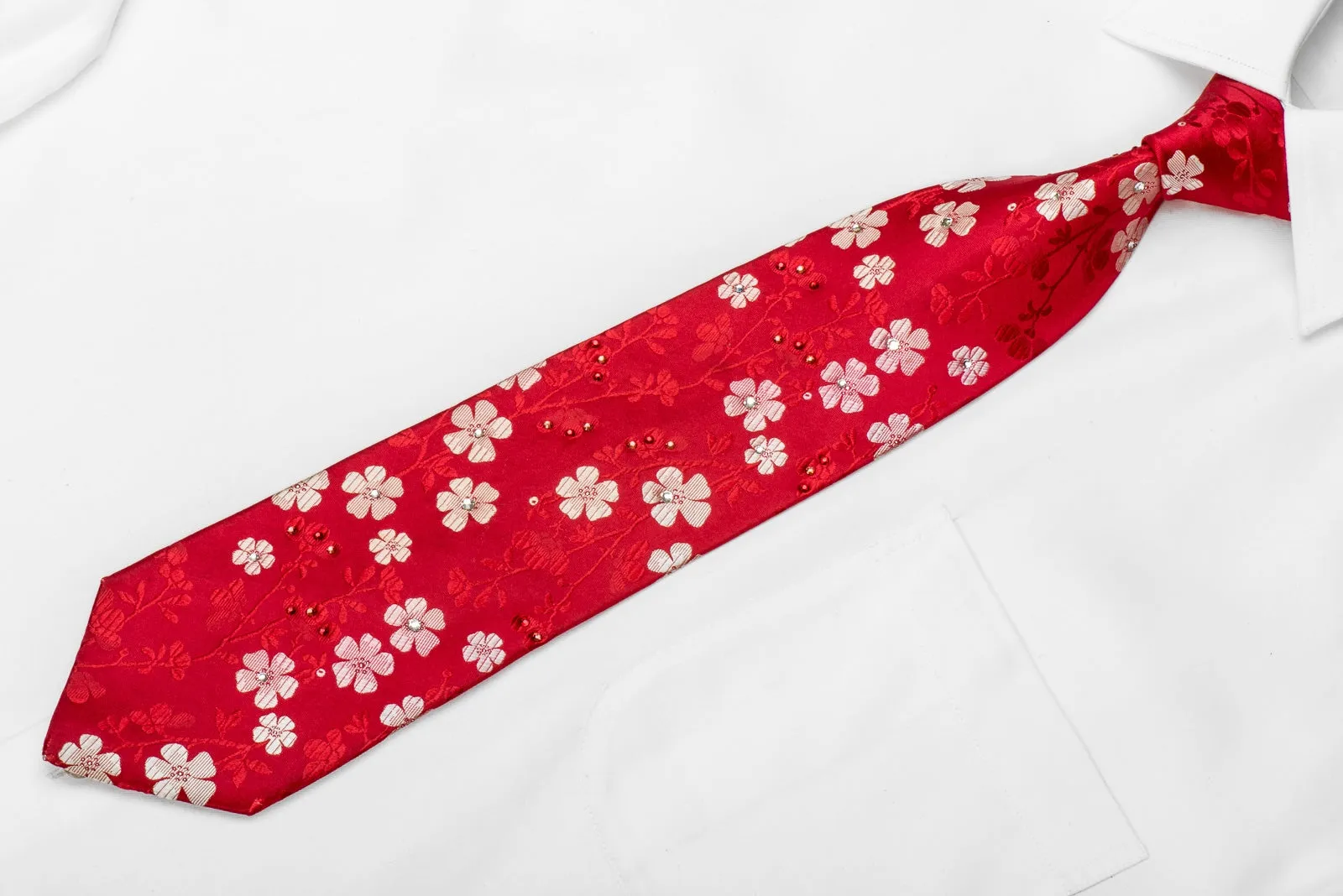 Perry Ellis Men's Crystal Silk Tie Floral On Red With Silver Sparkles