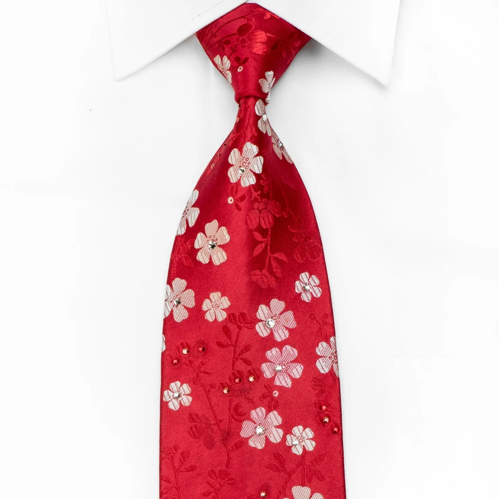 Perry Ellis Men's Crystal Silk Tie Floral On Red With Silver Sparkles