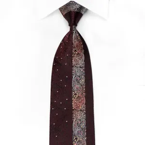 Perry Ellis Men's Crystal Silk Tie Silver Burgundy Paisley On Black With Silver Sparkles