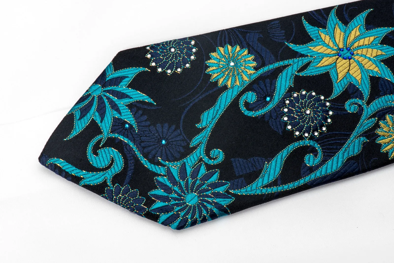 Perry Ellis Men's Rhinestone Silk Necktie Geometric Floral On Blue With Gold Sparkles