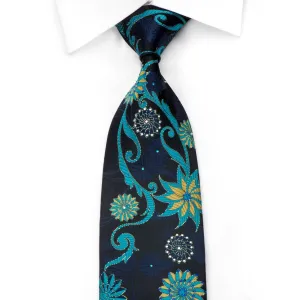 Perry Ellis Men's Rhinestone Silk Necktie Geometric Floral On Blue With Gold Sparkles