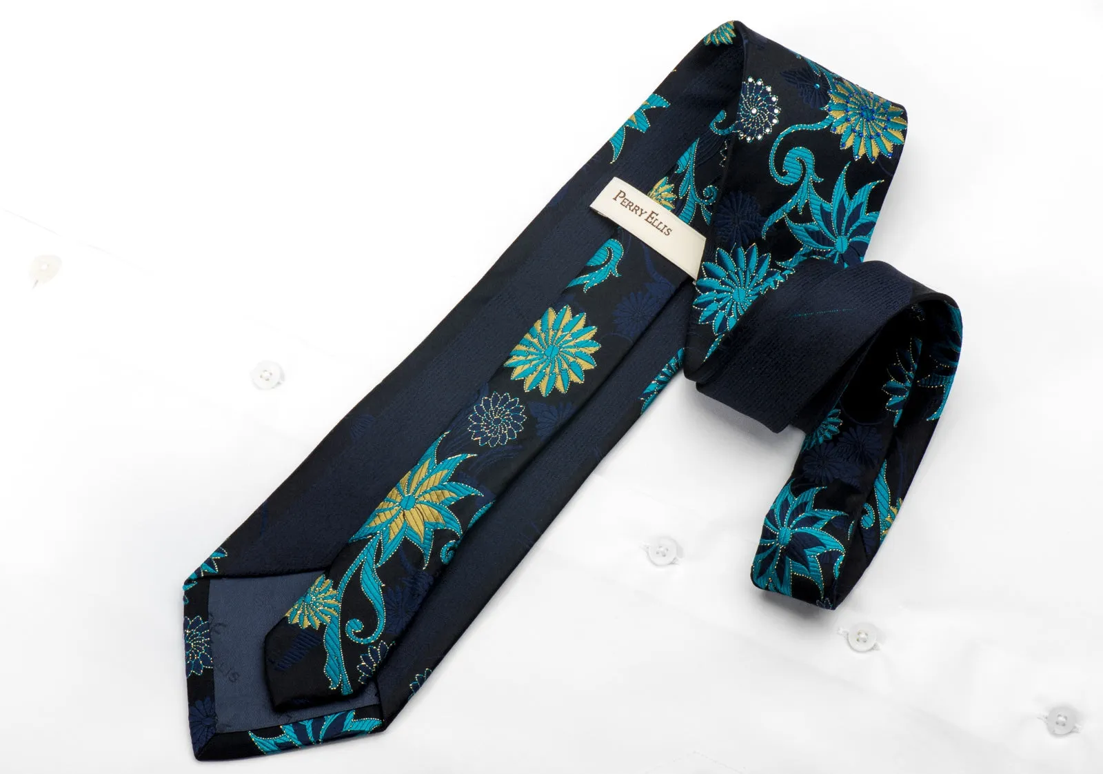 Perry Ellis Men's Rhinestone Silk Necktie Geometric Floral On Blue With Gold Sparkles