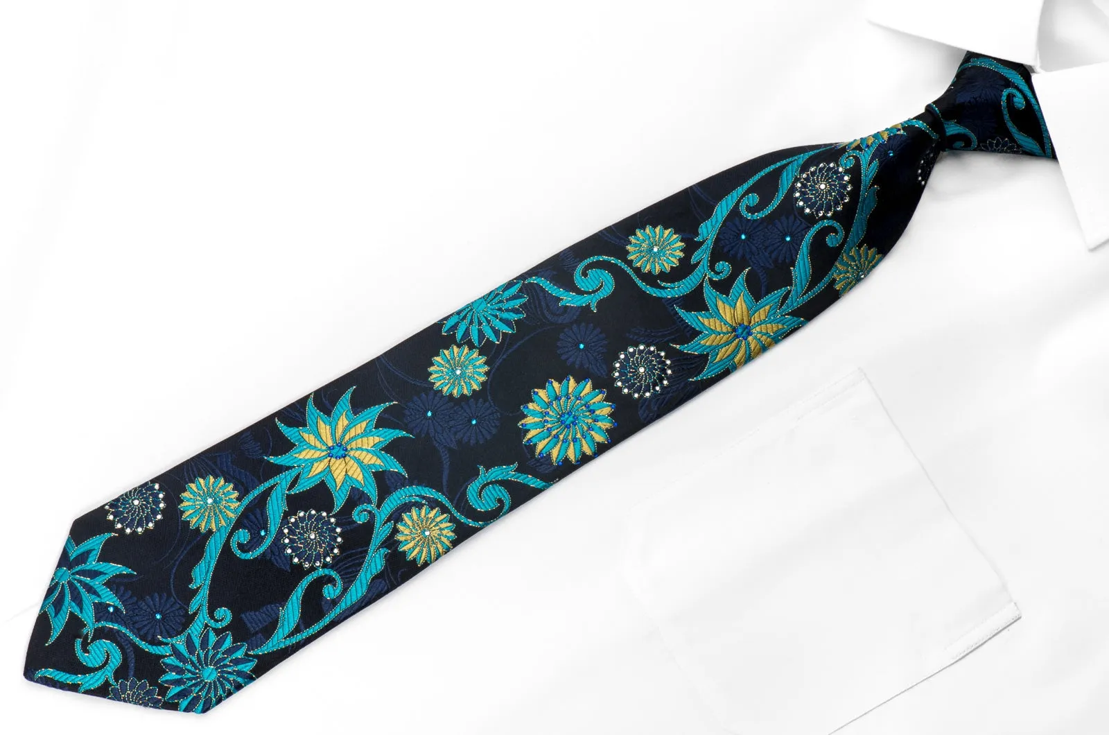 Perry Ellis Men's Rhinestone Silk Necktie Geometric Floral On Blue With Gold Sparkles