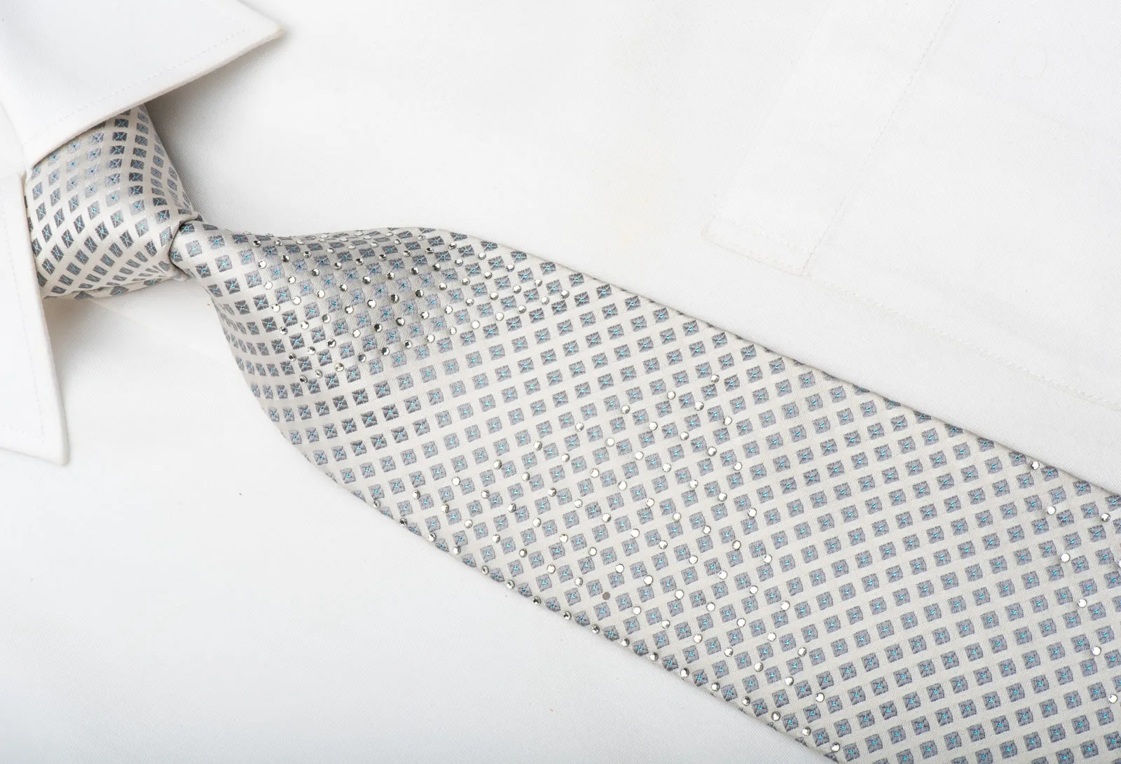 Perry Ellis Men's Silk Tie Squares On Silver With Crystal Rhinestones