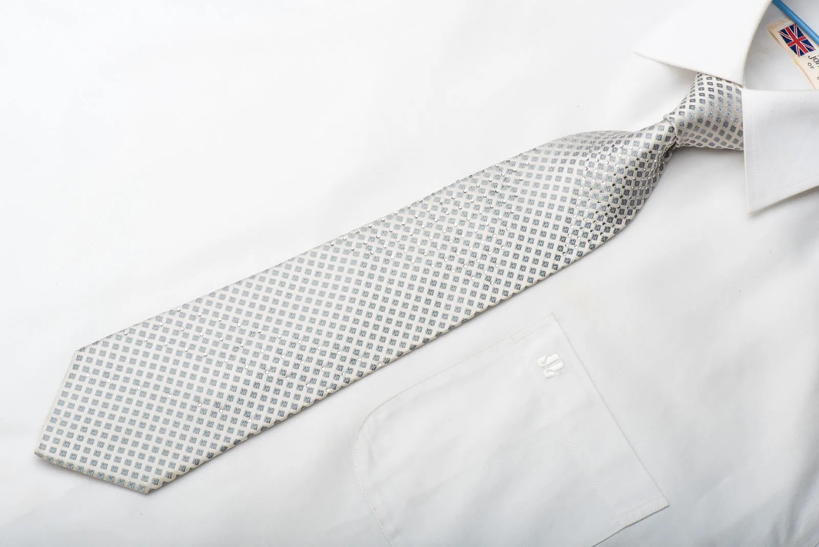 Perry Ellis Men's Silk Tie Squares On Silver With Crystal Rhinestones